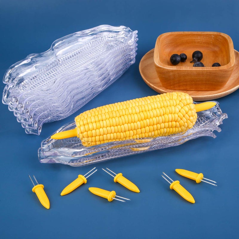 Elcoho 9 Pack Plastic Corn Trays Transparent Corn Dishes with 18 Pieces Stainless Steel Corn Holders on the Cob Skewers Cob Dinnerware - Image 5